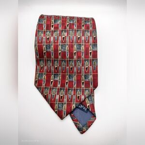 Roundtree and Yorke Necktie Tie  Silk Red Multicolored Geometric Jacquard USA